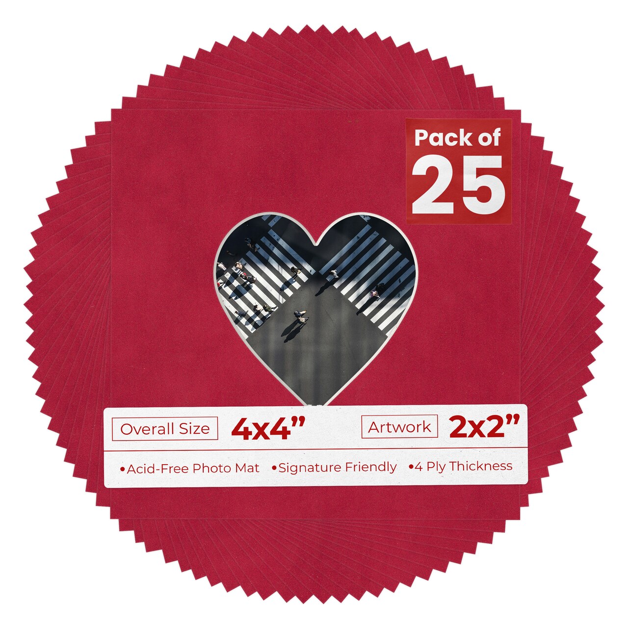 Red Suede Mat Board for 4x4 Inch Frames - Heart Opening for 2x2 Photos